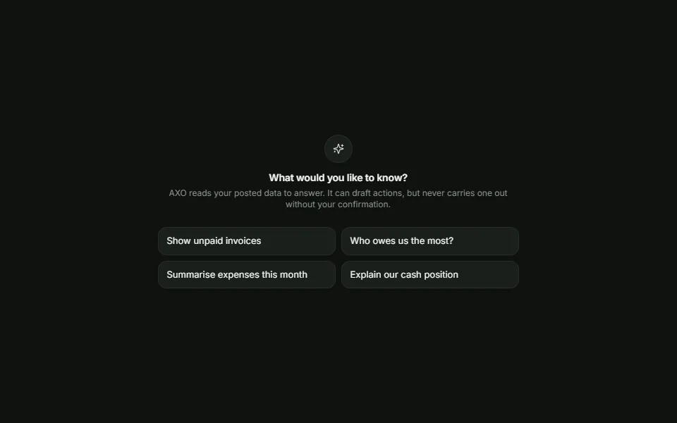 Ask AXO suggested questions about invoices, expenses and cash position