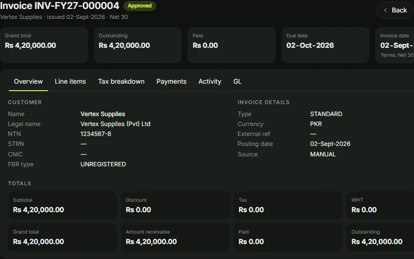 AXOFFICE invoice detail with totals, tax, payments and journal entry tabs