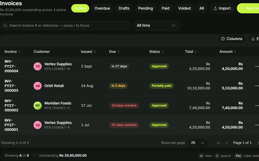 AXOFFICE invoices list showing statuses, due dates and overdue labels