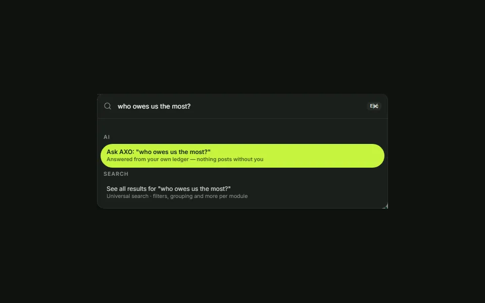AXOFFICE command palette sending a question to Ask AXO